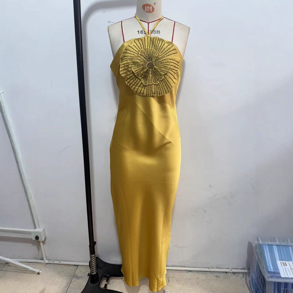Halter Neck Rhinestone Flower Dress
