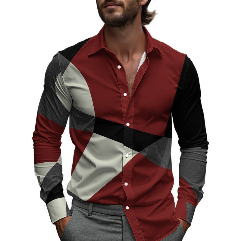 Men Printed Long Sleeve Casual Shirt Lapel Collar