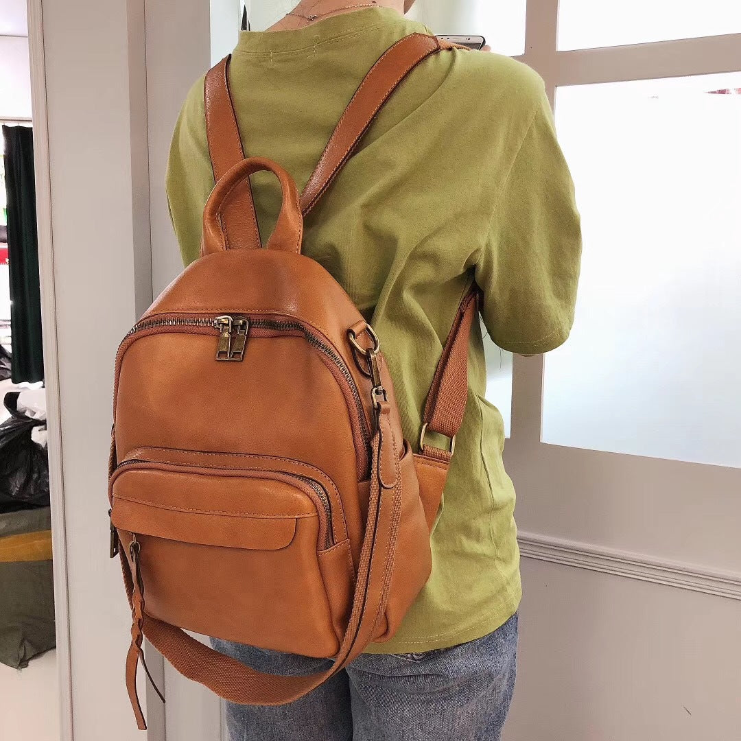 Genuine Leather Backpack Women First Layer Cowhide Retro Solid Color Student Schoolbag