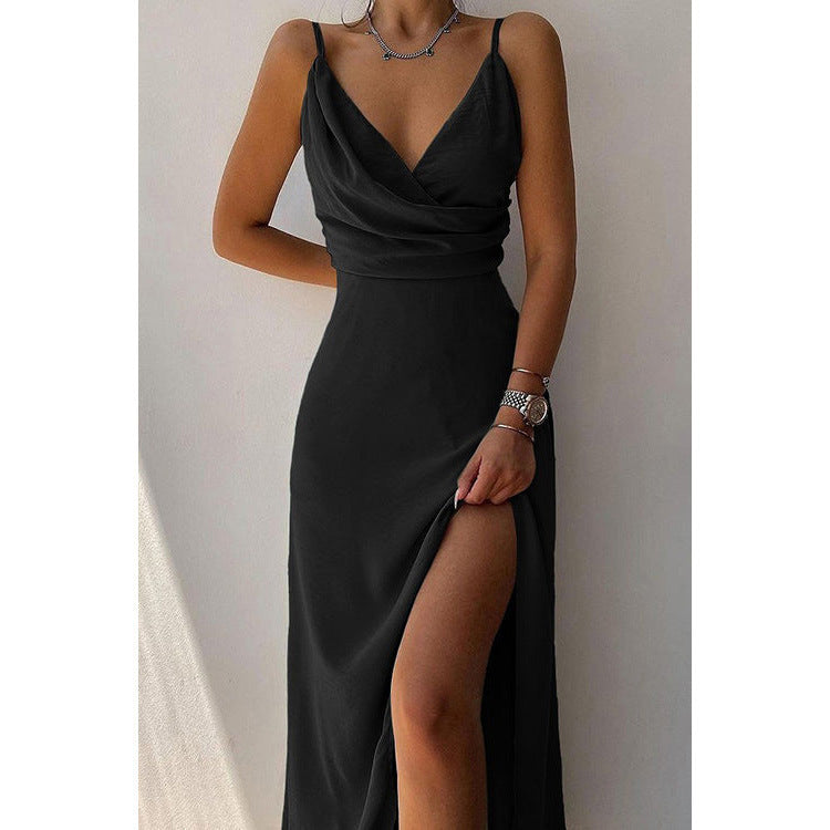 Womens V-Neck Suspender Slit Dress