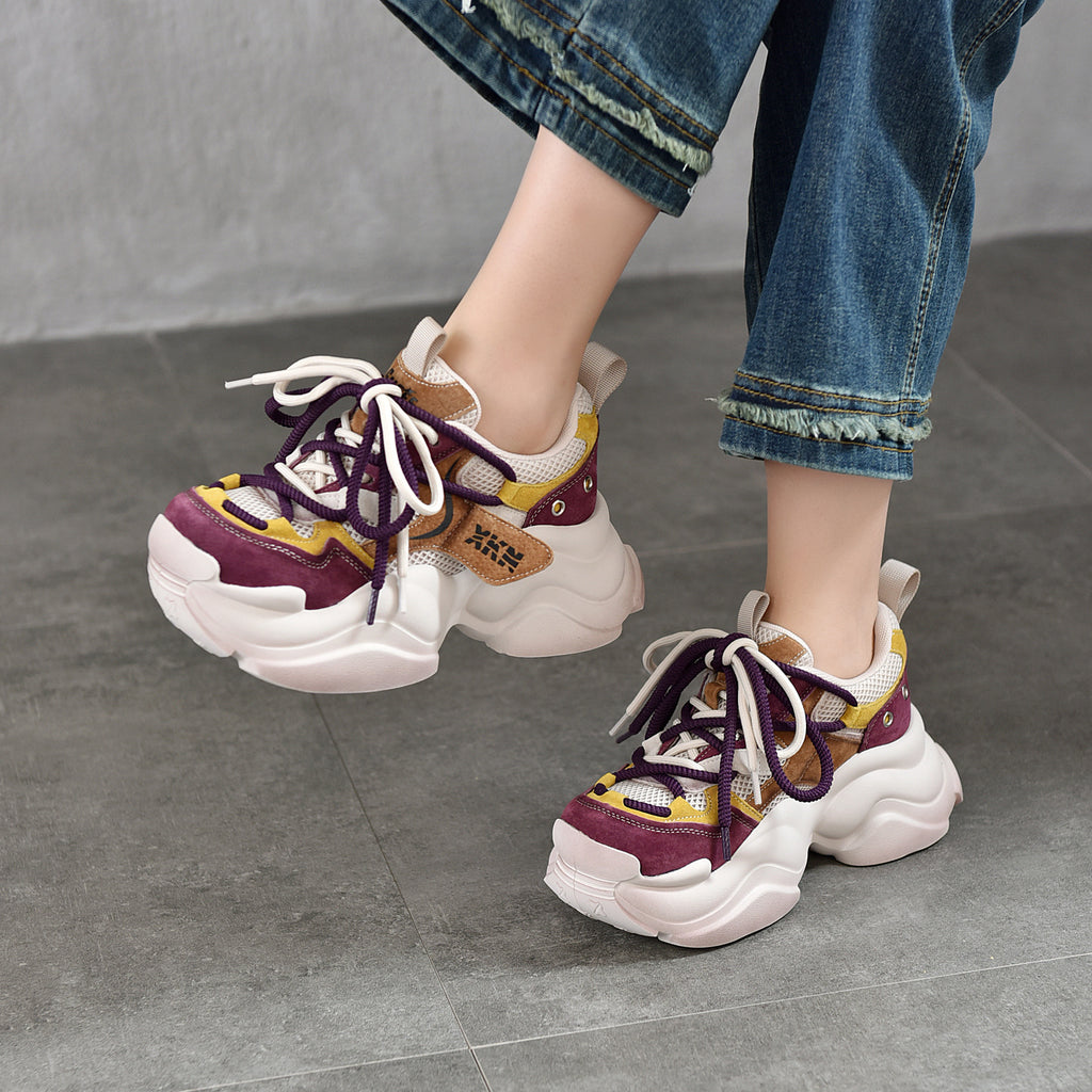 Compact, lightweight, thick-soled dad sneakers for women?mesh upper with genuine leather accents, color-blocked lacing, casual style