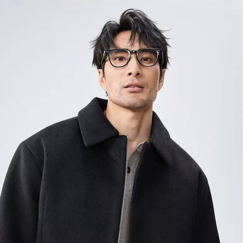 Men's Wool Blend Melton Solid Short Jacket with Curved Sleeves
