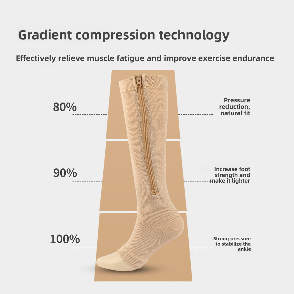 Sports Compression Socks with Zipper Nylon Elastic Mid-Calf
