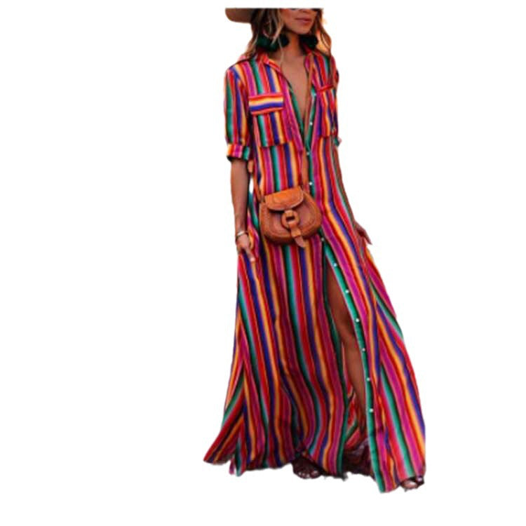 Womens Short Sleeve Stripe Shirt Dress Single Breasted