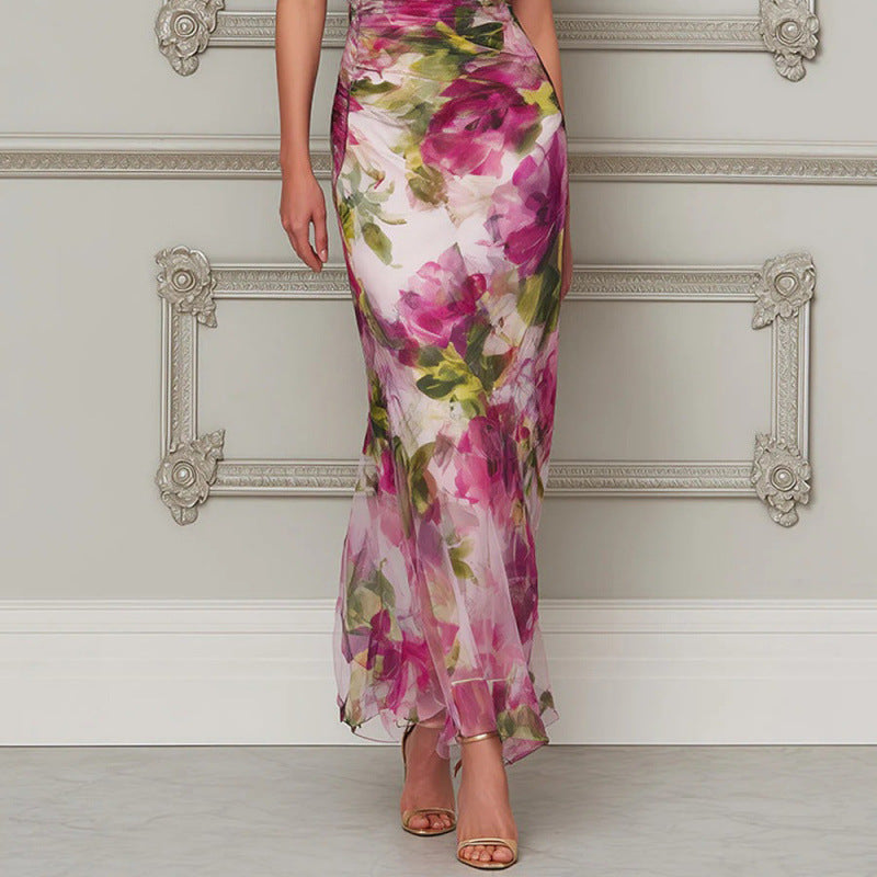 Women's Summer Floral Print Fishtail Dress Slim Fit Swing Collar Short Sleeve Long Dress