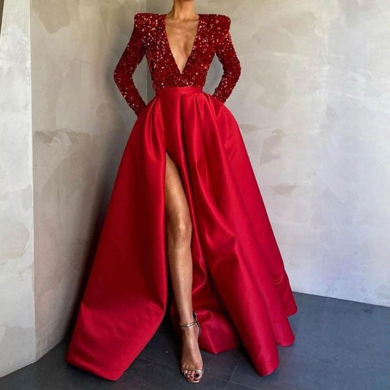 New European and American Women's Fashion Independent Brand Sequined Long Skirt with a Large Hem, Sexy Long Gown with a Train for Evening Parties