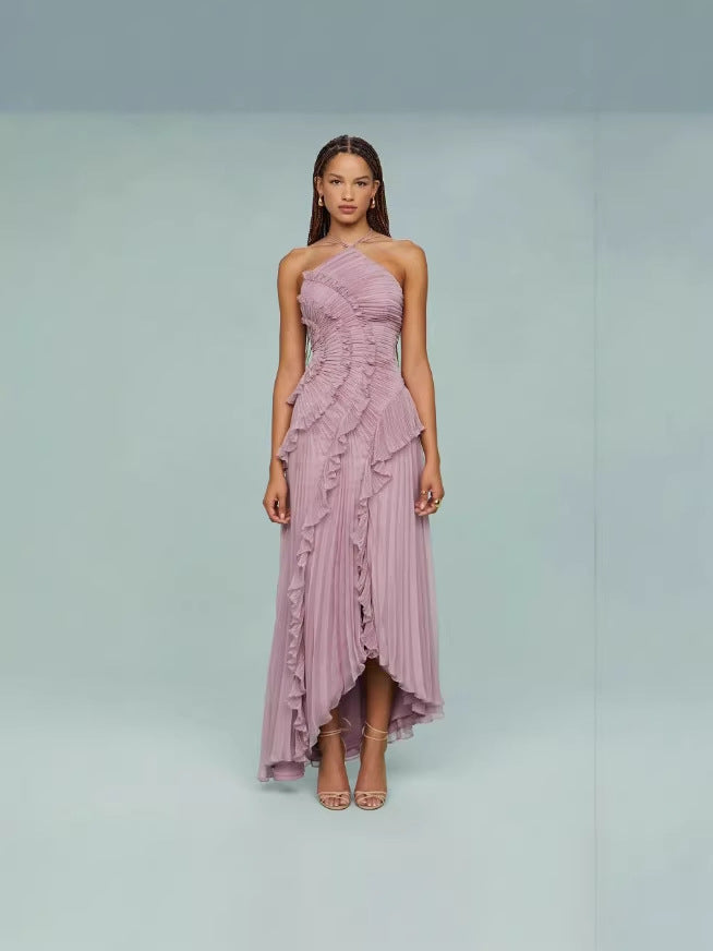 Summer Pleated Halter Neck Backless Dress