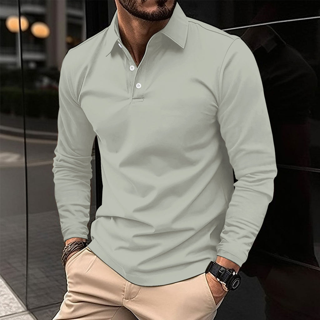 Mens Long Sleeve Solid Color Polo Shirt Casual Cotton Blend Button Down
