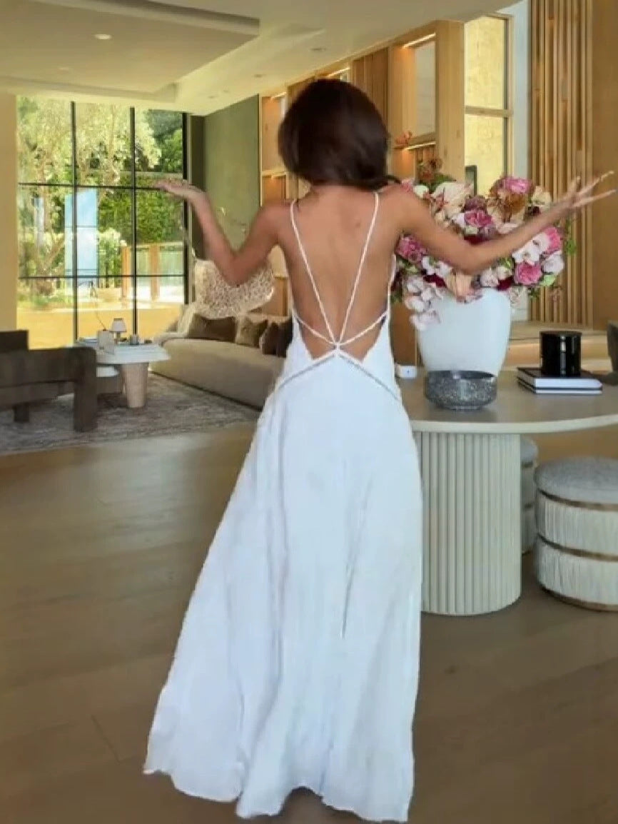 Women's Sexy Spaghetti Strap V-Neck Hollow Out Backless Tie Up Beach Vacation Long Dress