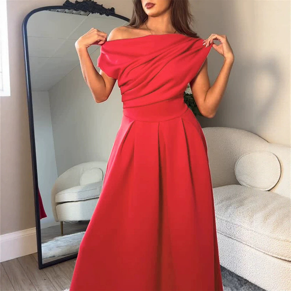 Elegant Diagonal Collar Waist-Cinching Dress