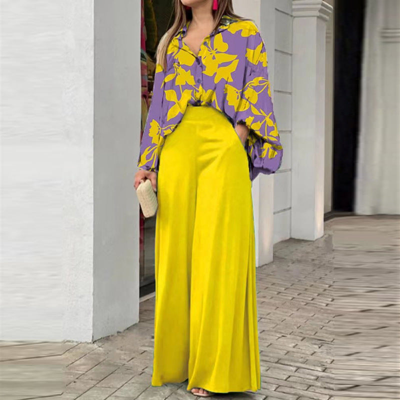 Floral Print Shirt and Wide-Leg Pants Set