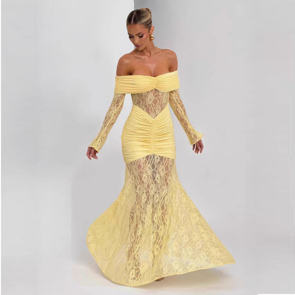 Hollow Lace One-Shoulder Bodycon Evening Dress