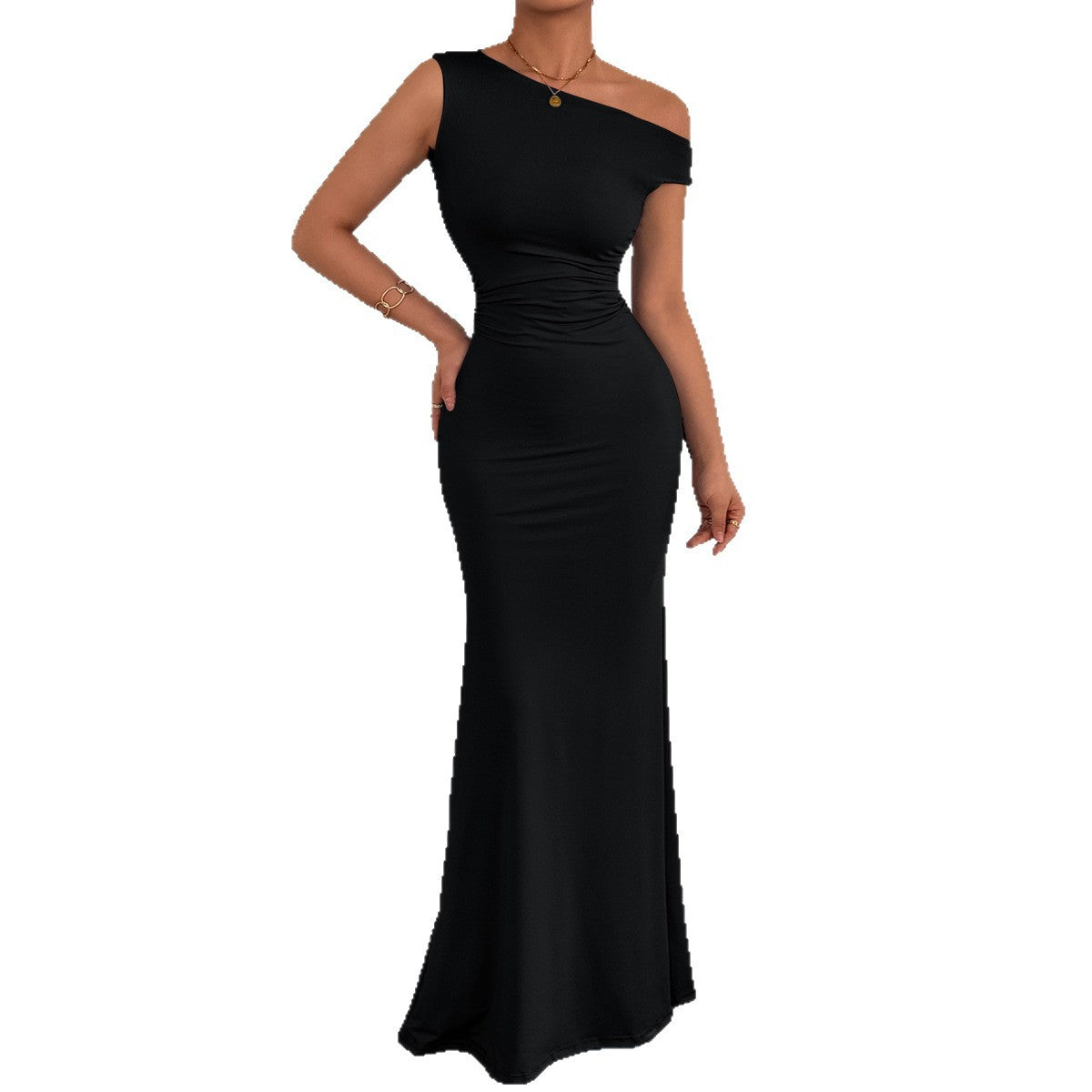 One-Shoulder Fishtail Hem Pleated Waist Long Sleeveless Dress