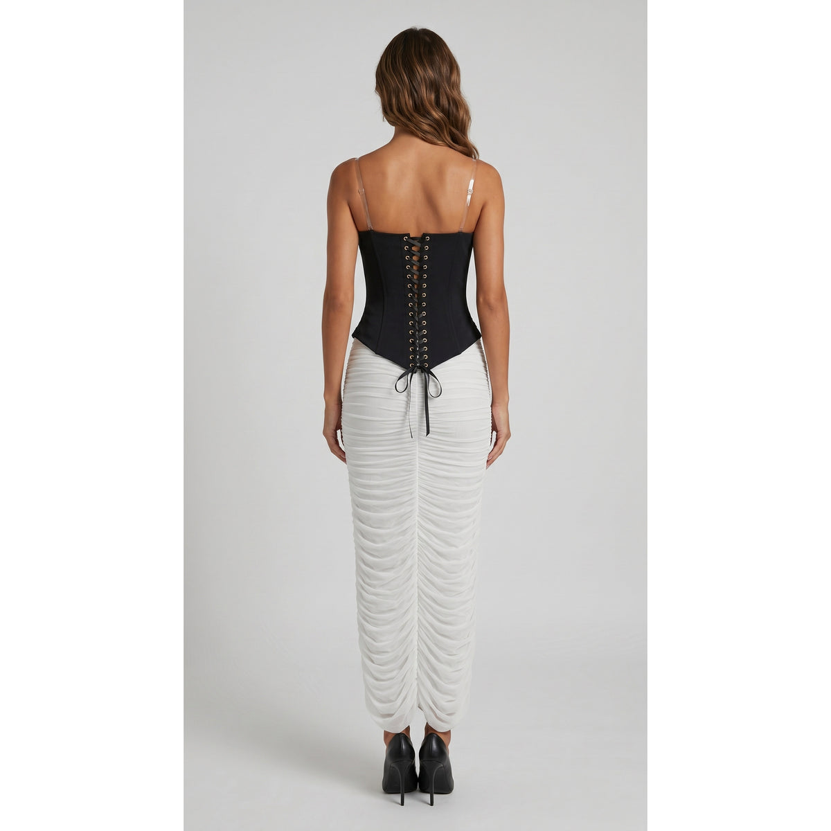 Women's Black and White Two-Piece Beaded Sheer Mesh Party Dress