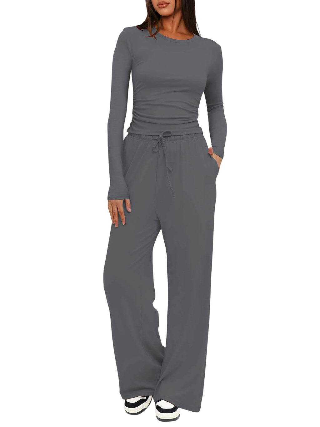 Solid Color Long Sleeve Top and High Waisted Wide Leg Pants Sportswear Set