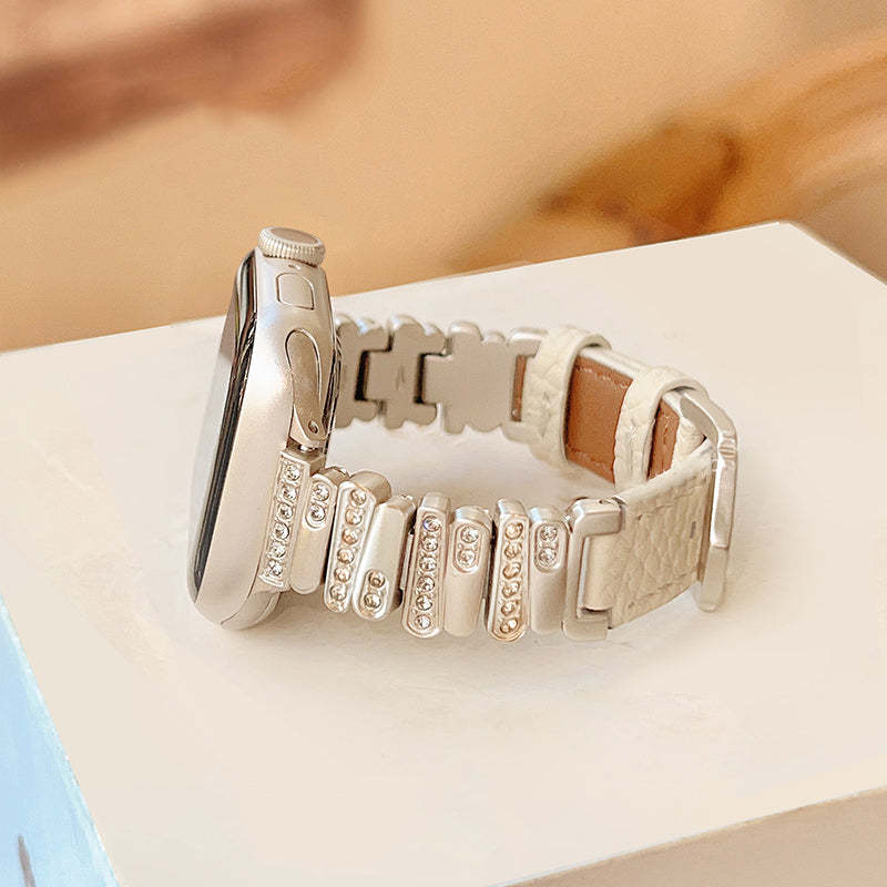 Irregular Diamond-Encrusted Leather Strap for Apple Watch Series 1-11