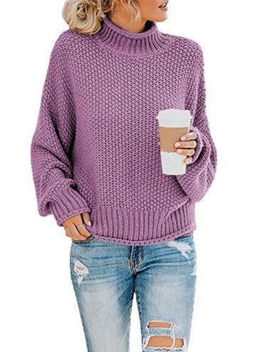 Womens Turtleneck Sweater Loose Fit Solid Color Oversized Knit Pullover