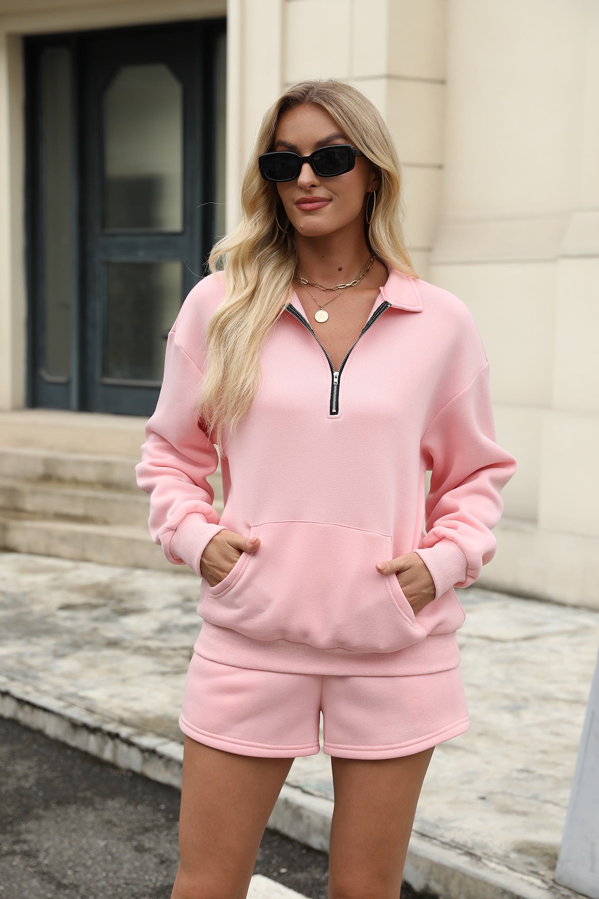 three-part pants solid color sweater pocket two-piece set for women