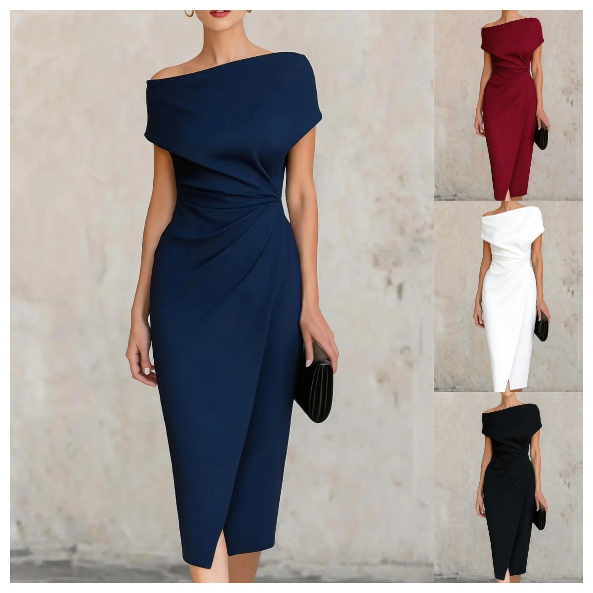 Off-shoulder waist pleated dress elegant dress dress womenOff-shoulder waist pleated dress elegant dress dress women
