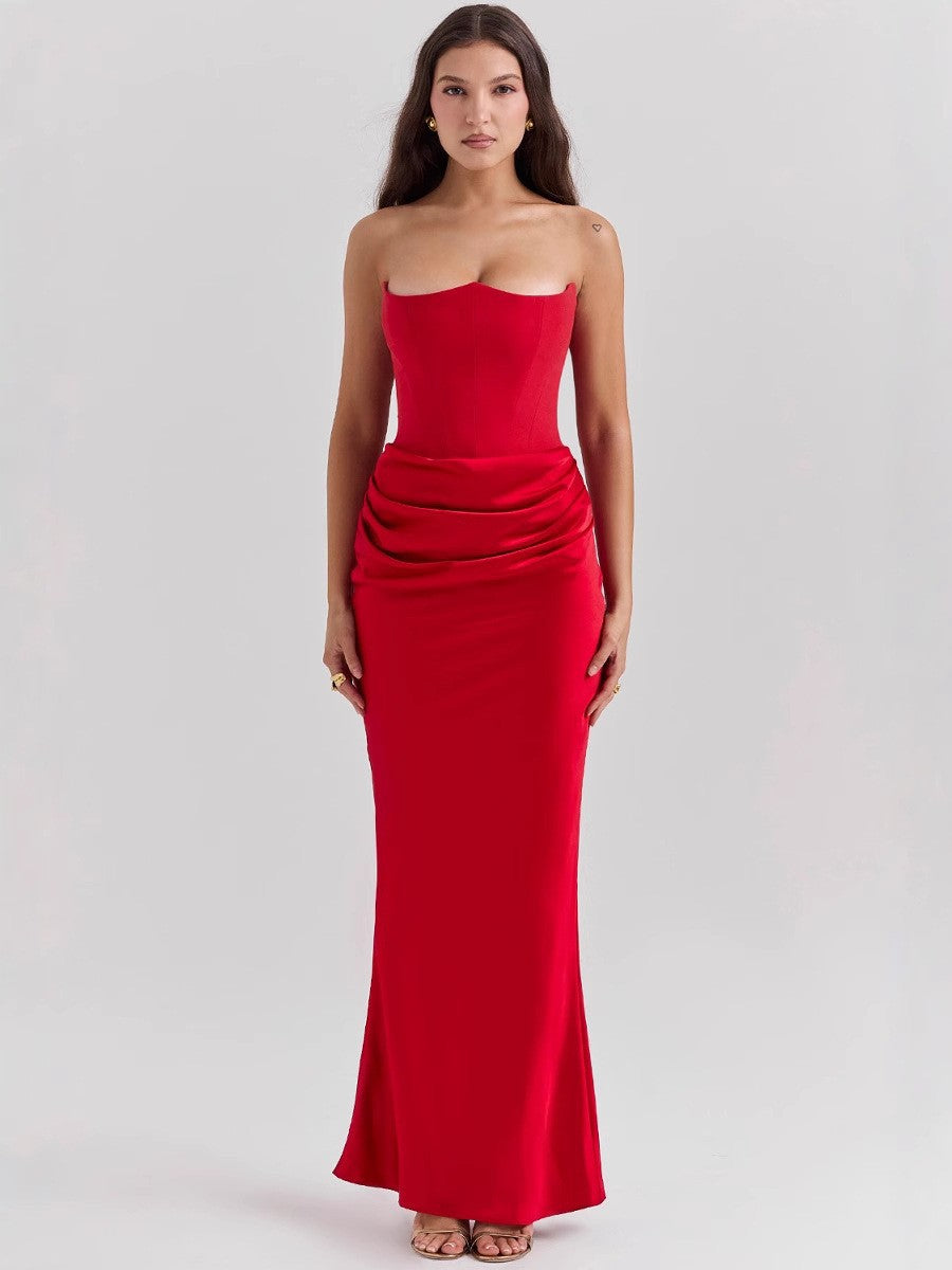 Women's Satin Off-Shoulder Pleated Long Bodycon Dress