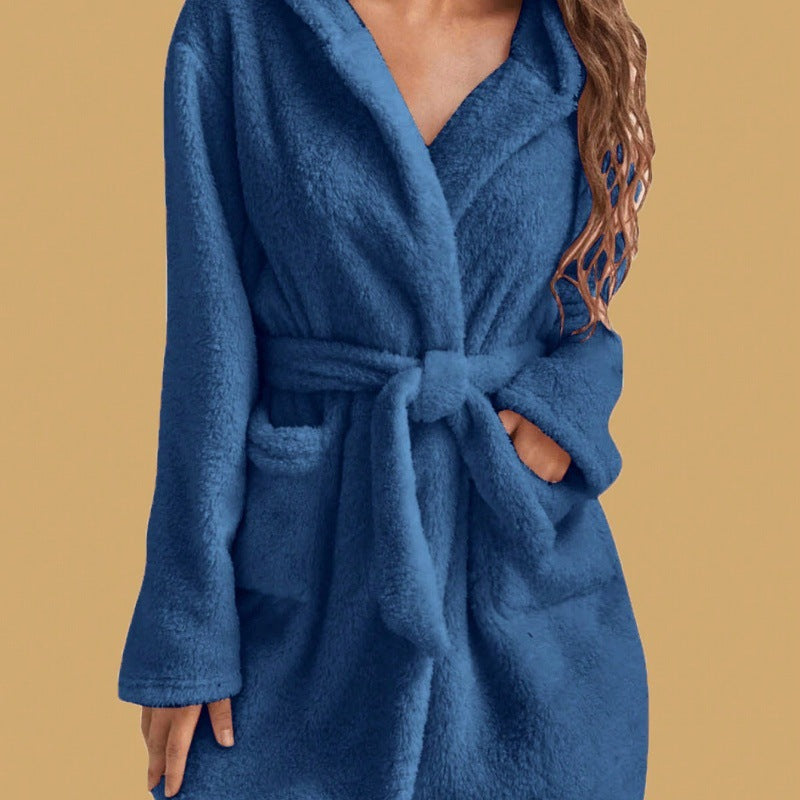 Women's Flannel Coral Fleece V-Neck Long Bathrobe