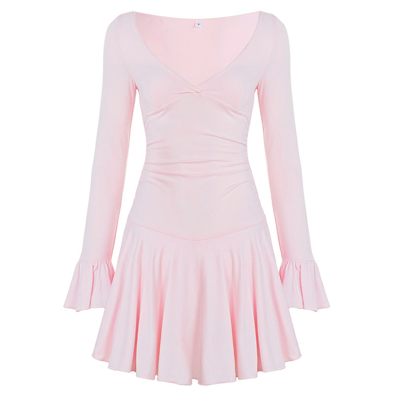 Womens V Neck Pleated Bell Sleeve Dress