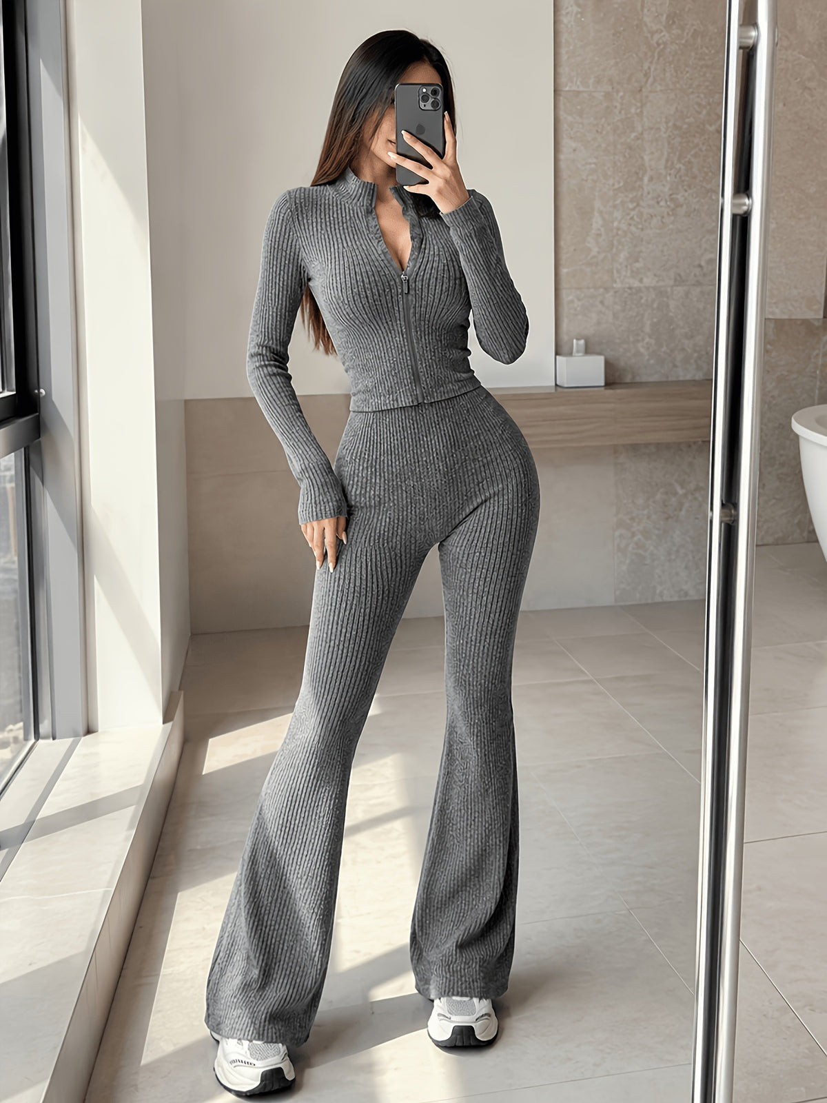 Women's Two-Piece Knit Set Short Cardigan and Flared Pants