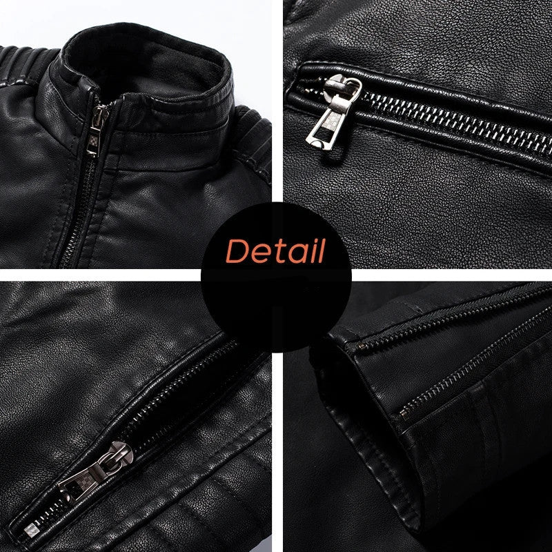 Mens Slim Fit Stand Collar PU Leather Jacket Casual Coat