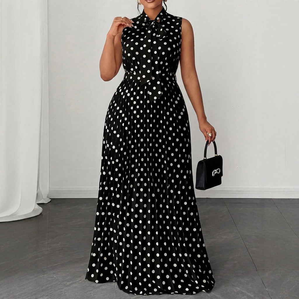 Polka Dot Sleeveless Tie-Up Mid-Length Dress