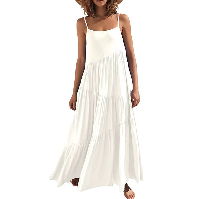 Women's Loose Solid Color Pleated Irregular Beach Strap Maxi Dress