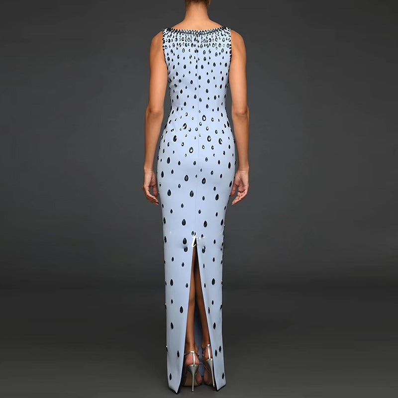 Women?s Hand-Stitched Rhinestone Beaded Sleeveless Long Dress Gown