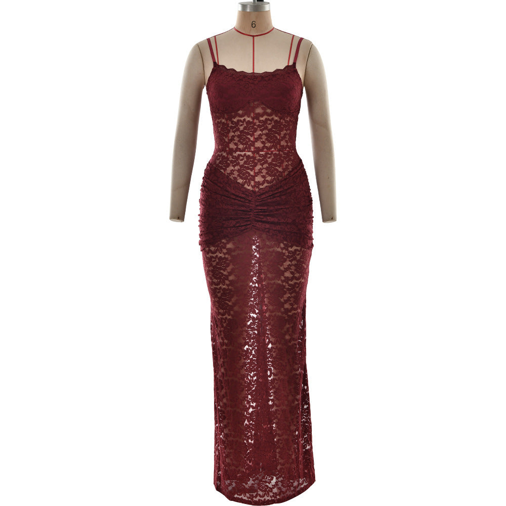 Womens Lace Slit Spaghetti Strap Dress