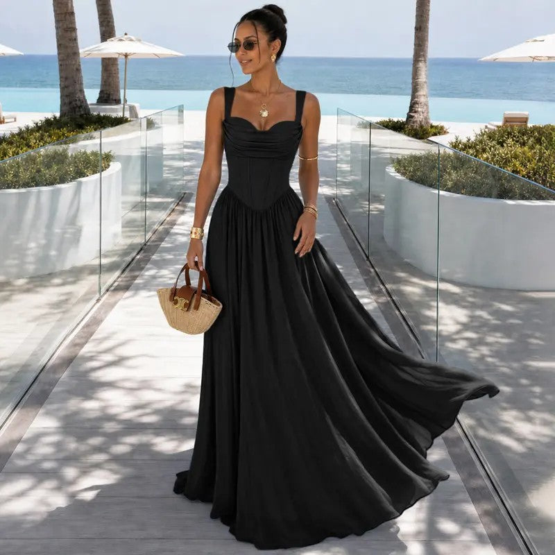 French Fishbone Waist Evening Gown Strapless Ruched Long Dress