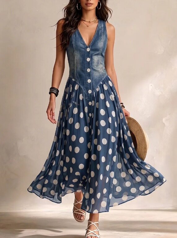 Fashion Casual Printed Faux Denim Top Polka Dot Skirt