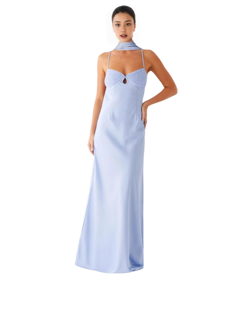Elegant Satin V-Neck Tie-Back Long Dress