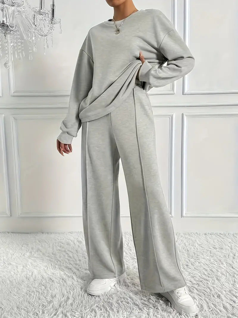Women's Solid Color Round Neck Long Sleeve Pants Suit Casual Two-Piece Set