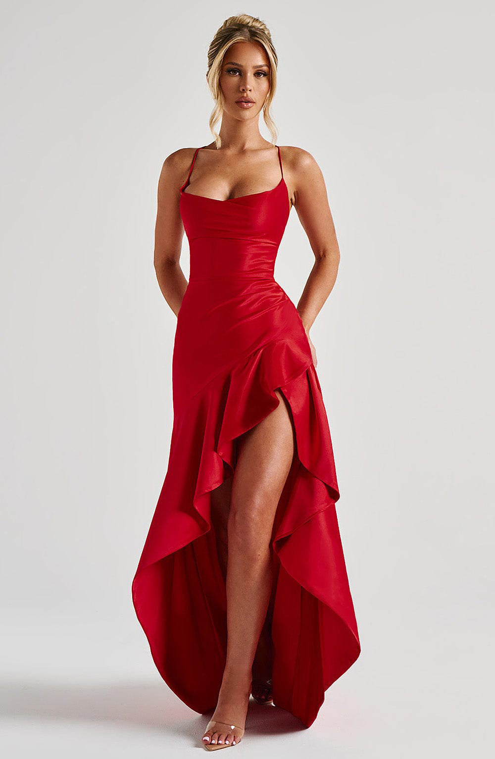 Womens Satin Ruffle Backless Dress