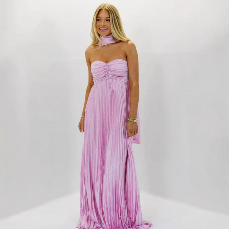 Elegant Pleated Halter Neck Dress