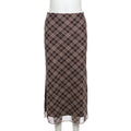 Uena American Retro Lace Bow Plaid Mesh Slit Skirt for Women