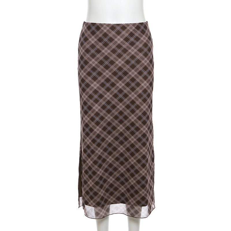 Uena American Retro Lace Bow Plaid Mesh Slit Skirt for Women