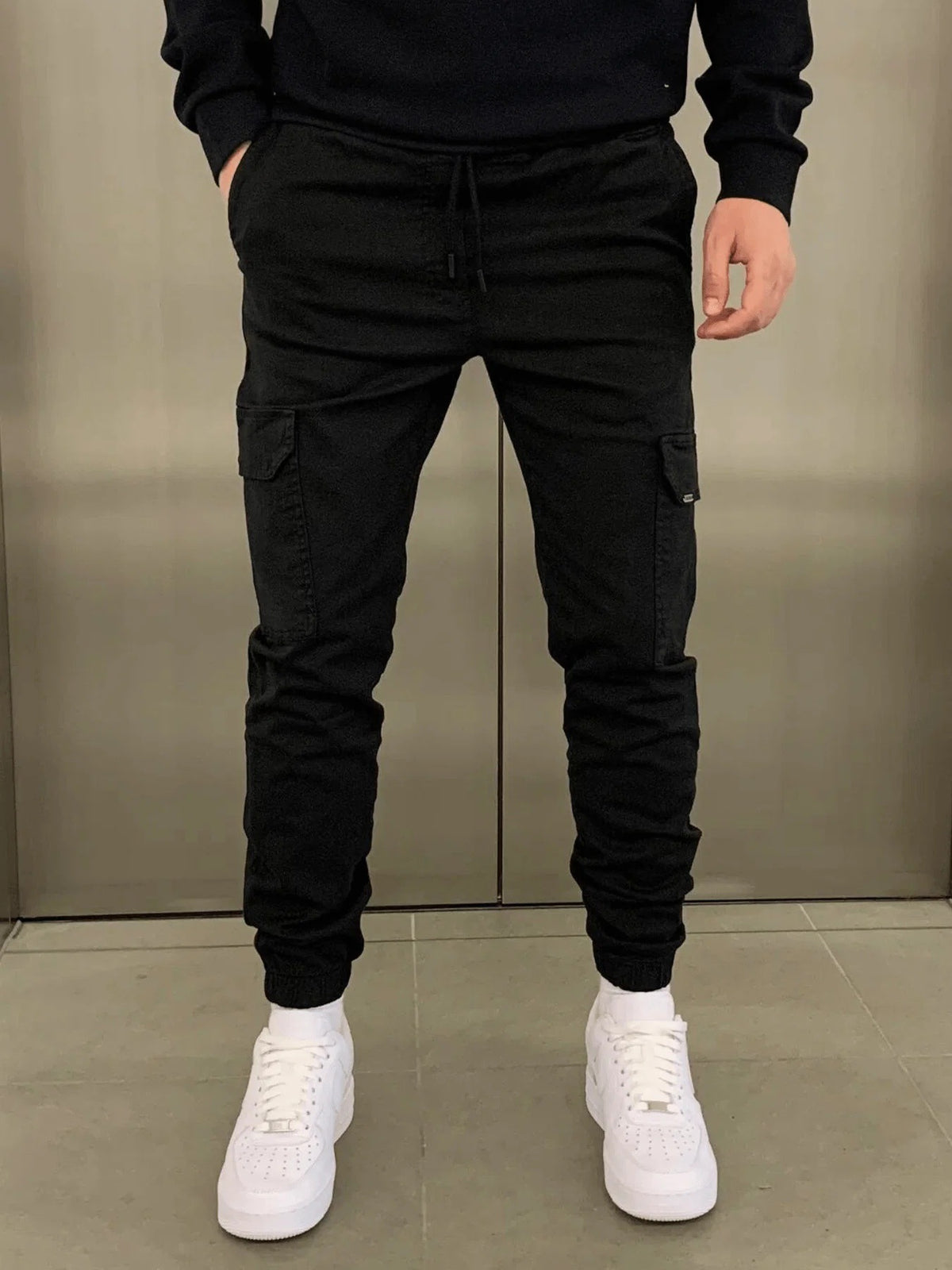 Mens Three-Dimensional Pocket Cargo Pants Elastic Waist Drawstring Loose Fit Casual Trousers