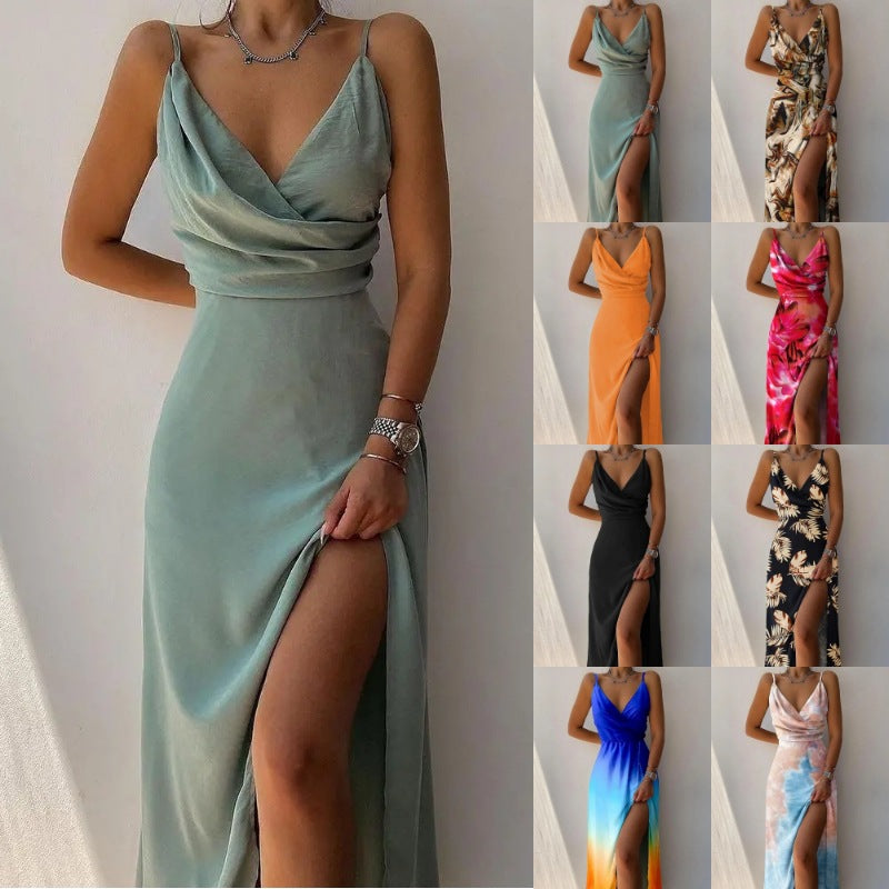 Strapless V-neck slit printed dress