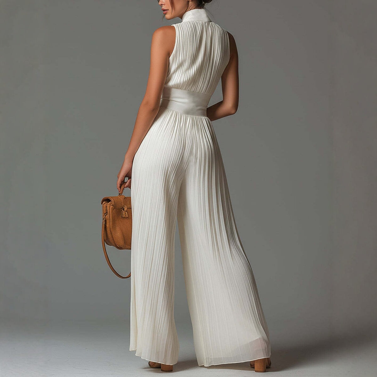 Womens Halter Neck Pleated Wide Leg Jumpsuit
