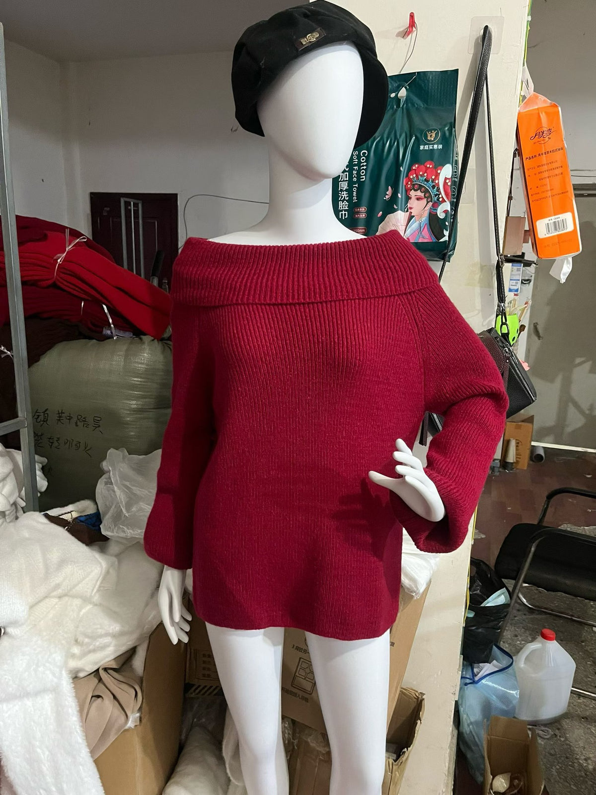 Autumn Winter Solid Color Sexy Slim-Fit Off-Shoulder Sweater with Lapel Collar