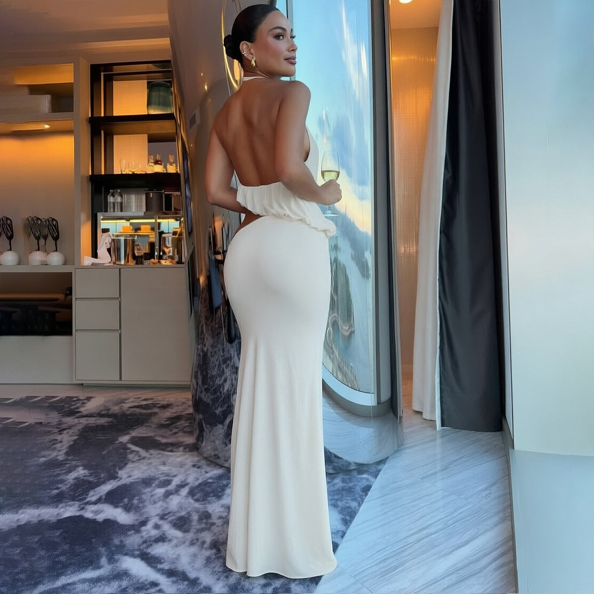 Women's Halter Neck Backless Top and Slit Skirt Set