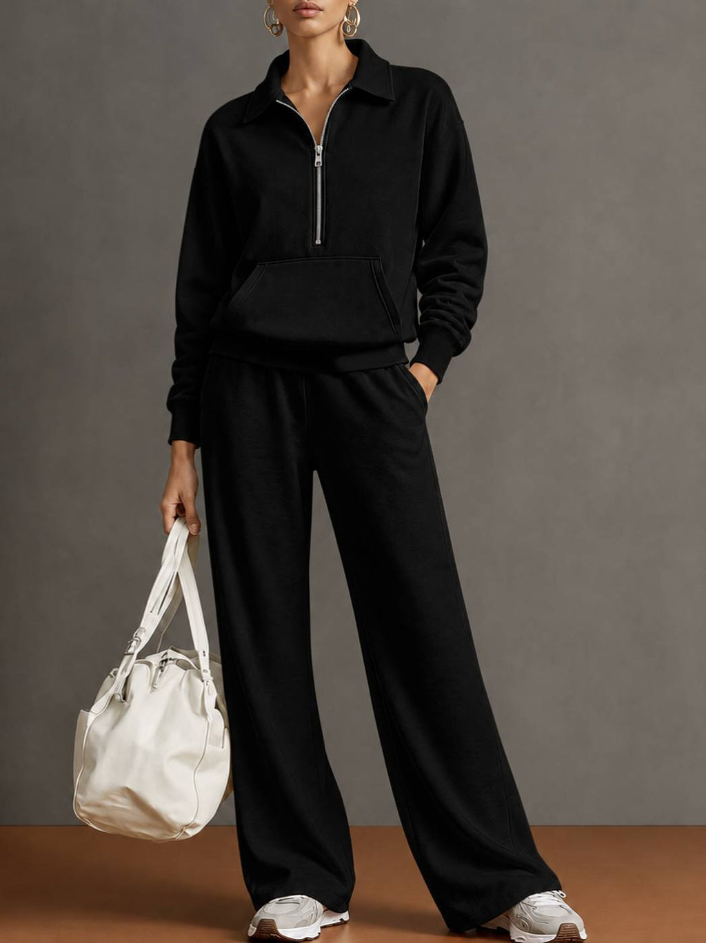 Women Two-Piece Half-Zip Sweatshirt and Wide-Leg Pants Set