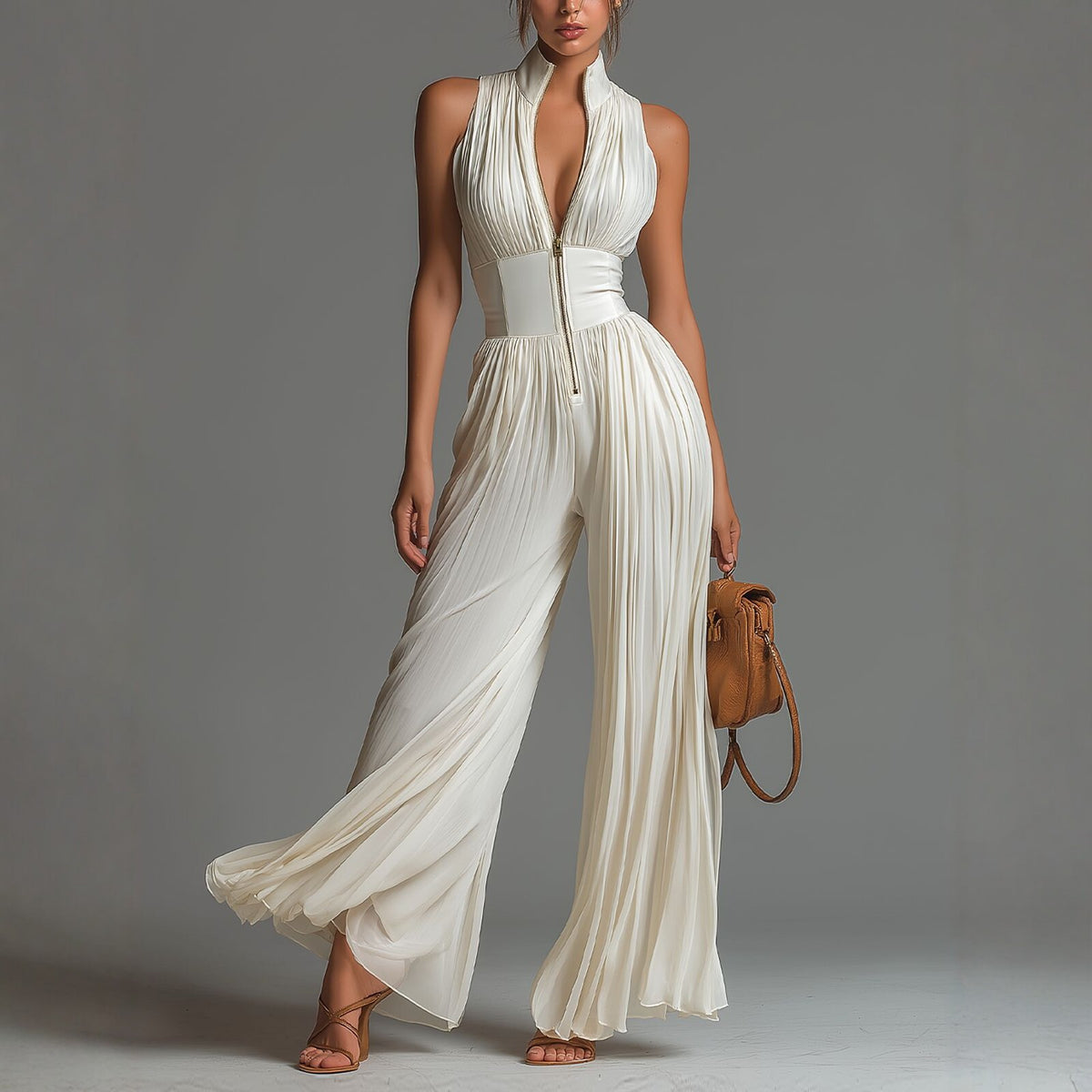 Womens Halter Neck Pleated Wide Leg Jumpsuit