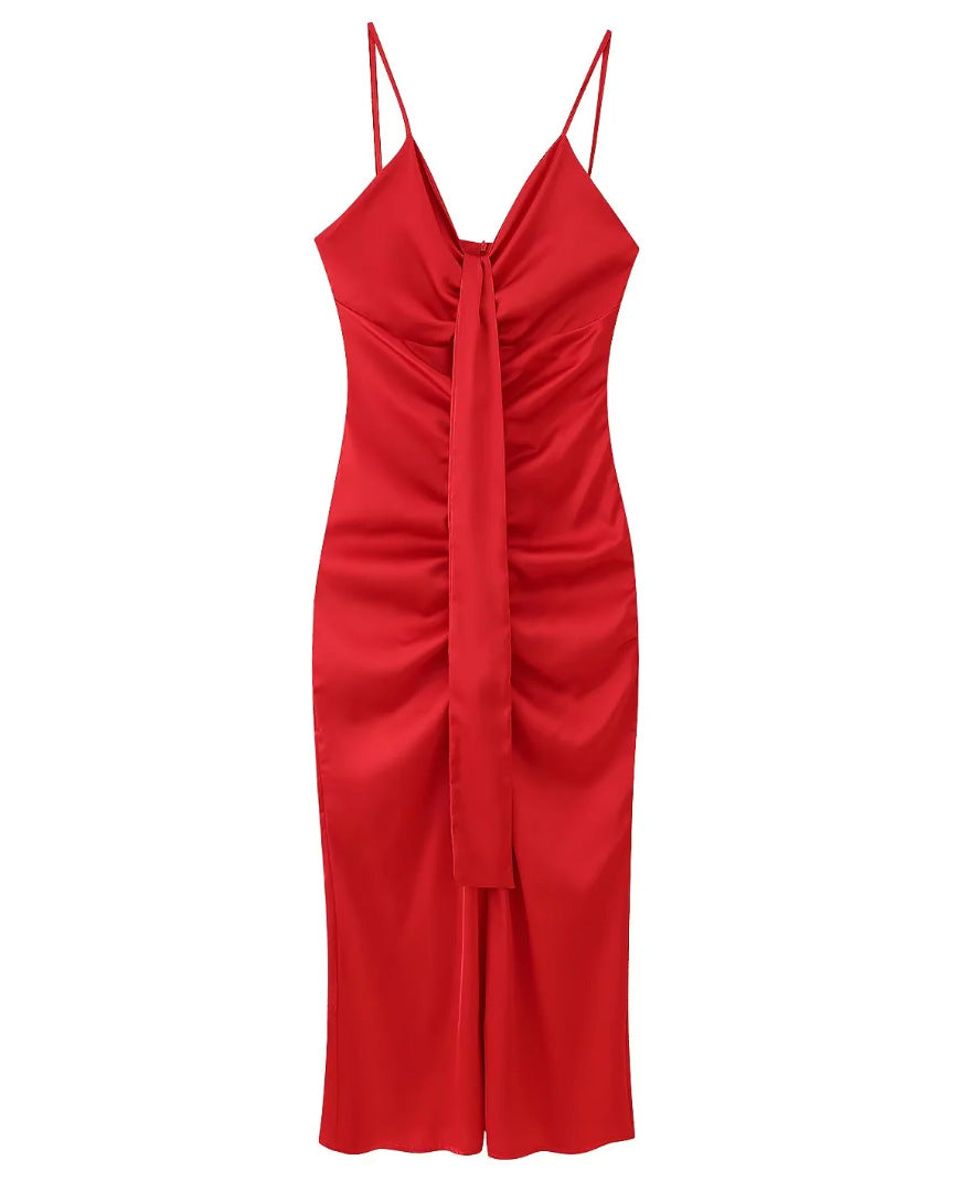 Satin V-neck Pleated Sleeveless Dress