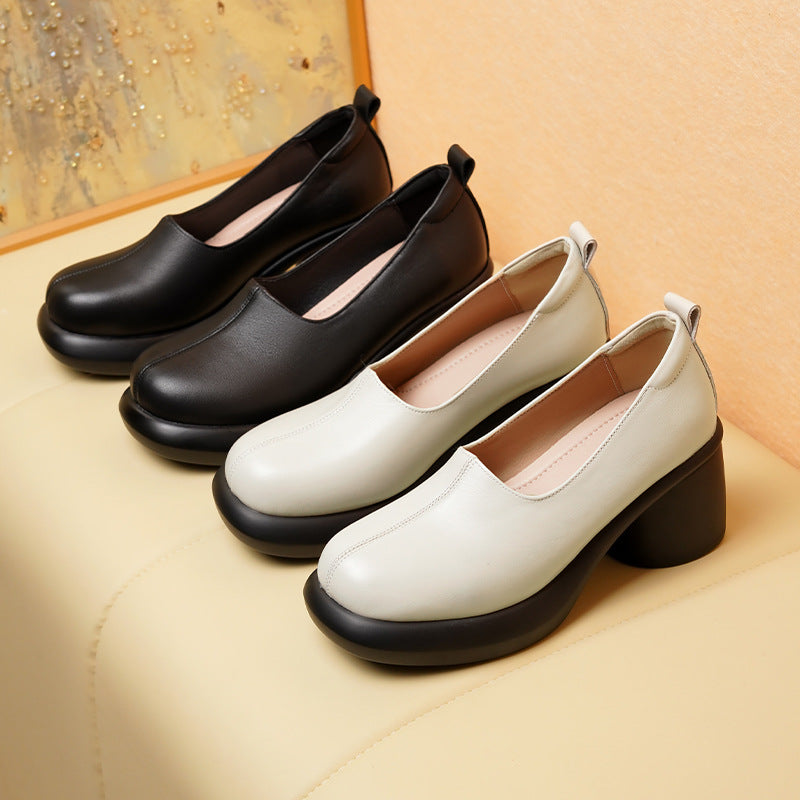 Women Leather High Heel Shoes Thick Heel Waterproof Platform British Style