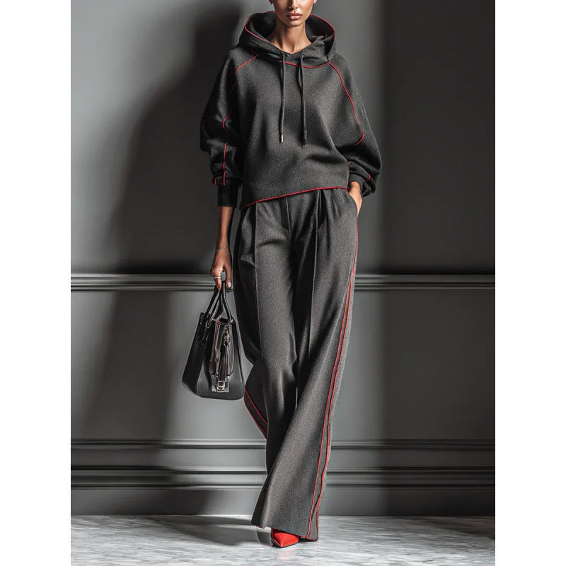 Women's Casual Color Block Hooded Sweatshirt and Pants Two-Piece Set